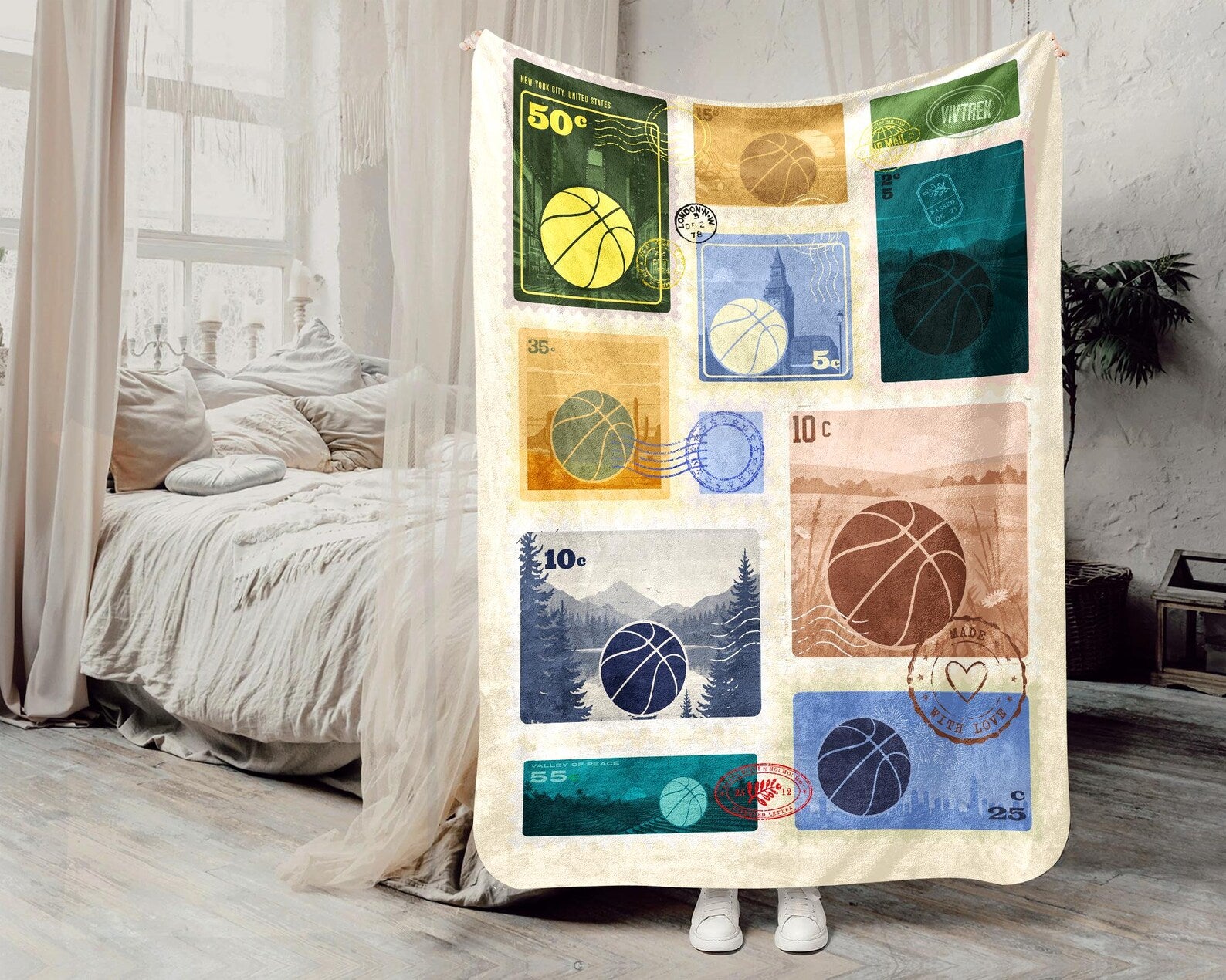 Basketball Stamp Blanket – Custom Hoop Lover Throw – Cozy Fleece Gift for Basketball Players and Coaches