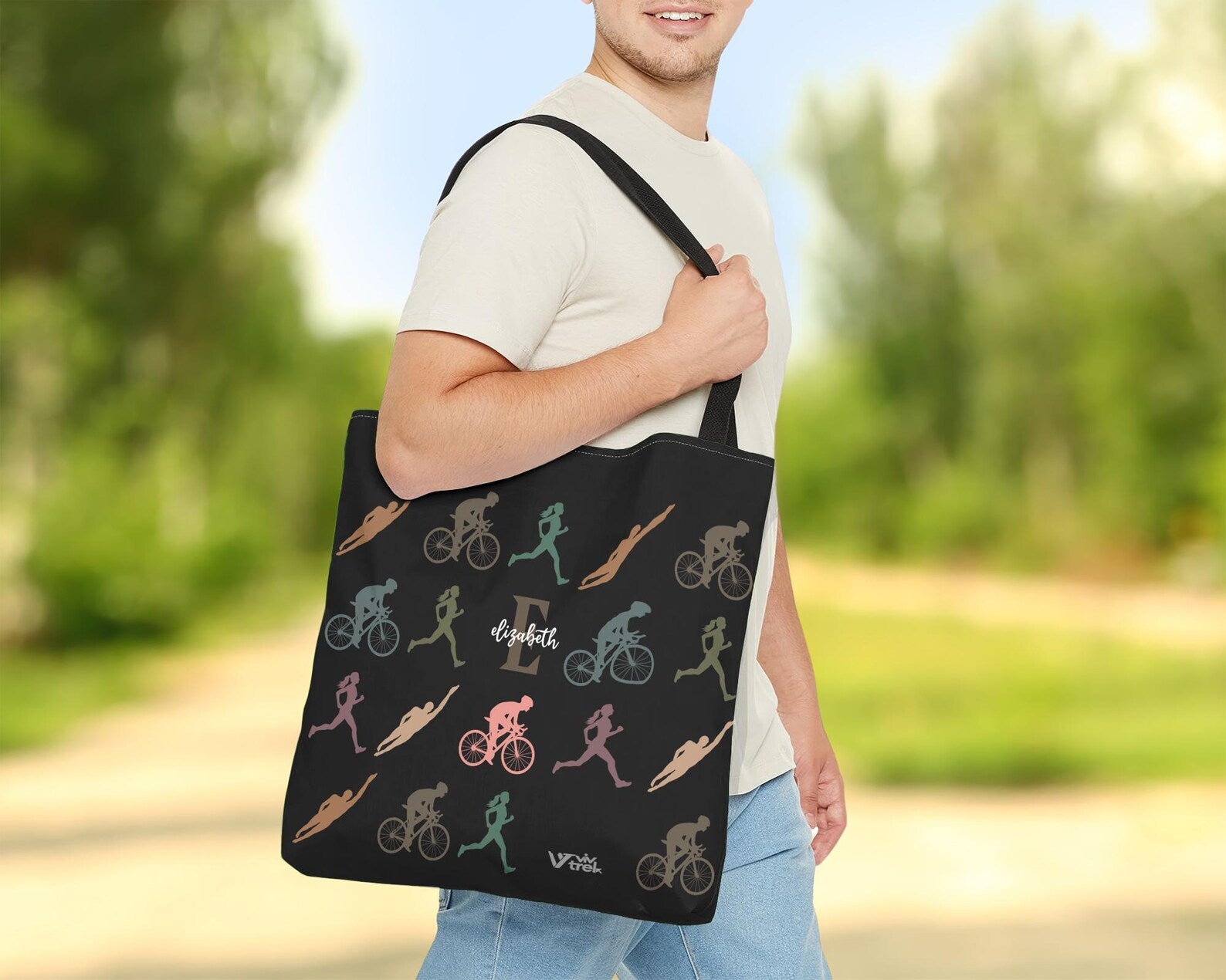 Personalized Triathlon Tote Bag - Custom Name Initial Triathlete Shoulder Bag - Vintage Swim Bike Run Gift for Her & Him - Durable Athlete Gear Bag