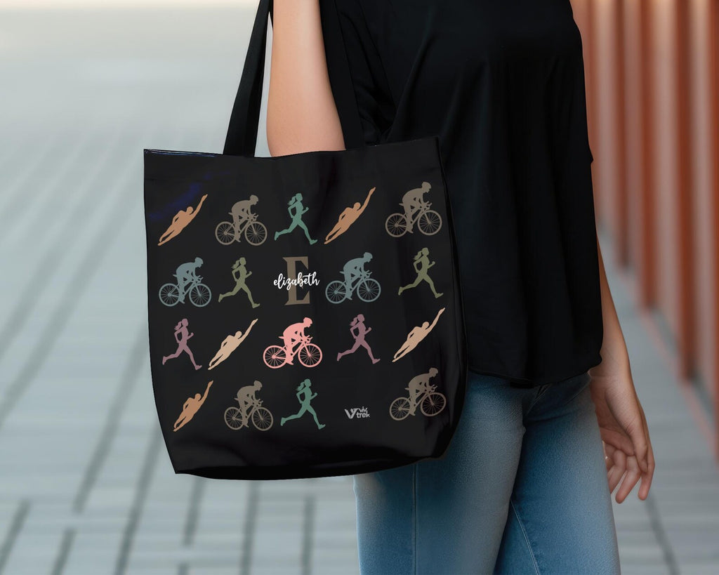 Personalized Triathlon Tote Bag - Custom Name Initial Triathlete Shoulder Bag - Vintage Swim Bike Run Gift for Her & Him - Durable Athlete Gear Bag