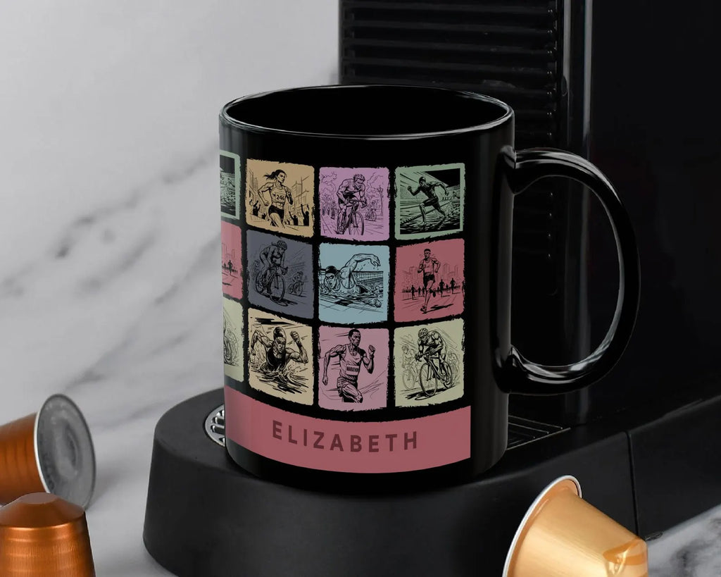 Personalized Triathlon Mug - Custom Name Swim Bike Run Coffee Cup - Unique Endurance Athlete Gift for Triathletes, Ironman Finisher & Marathoners
