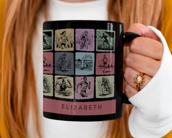 Personalized Triathlon Mug - Custom Name Swim Bike Run Coffee Cup - Unique Endurance Athlete Gift for Triathletes, Ironman Finisher & Marathoners