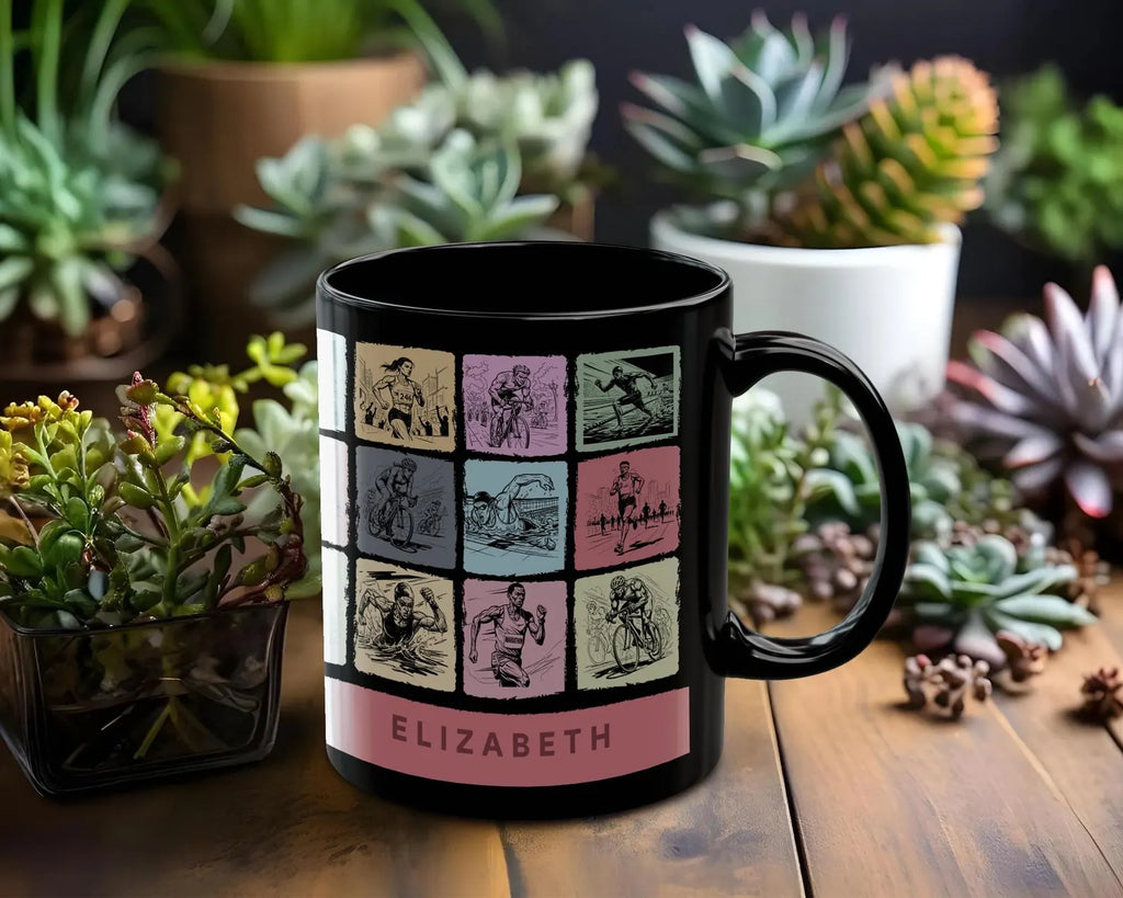 Personalized Triathlon Mug - Custom Name Swim Bike Run Coffee Cup - Unique Endurance Athlete Gift for Triathletes, Ironman Finisher & Marathoners