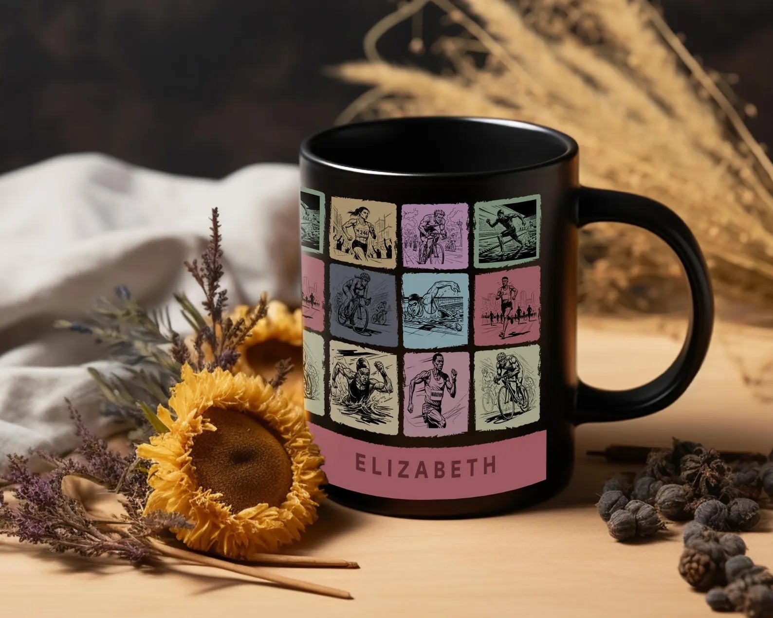 Personalized Triathlon Mug - Custom Name Swim Bike Run Coffee Cup - Unique Endurance Athlete Gift for Triathletes, Ironman Finisher & Marathoners