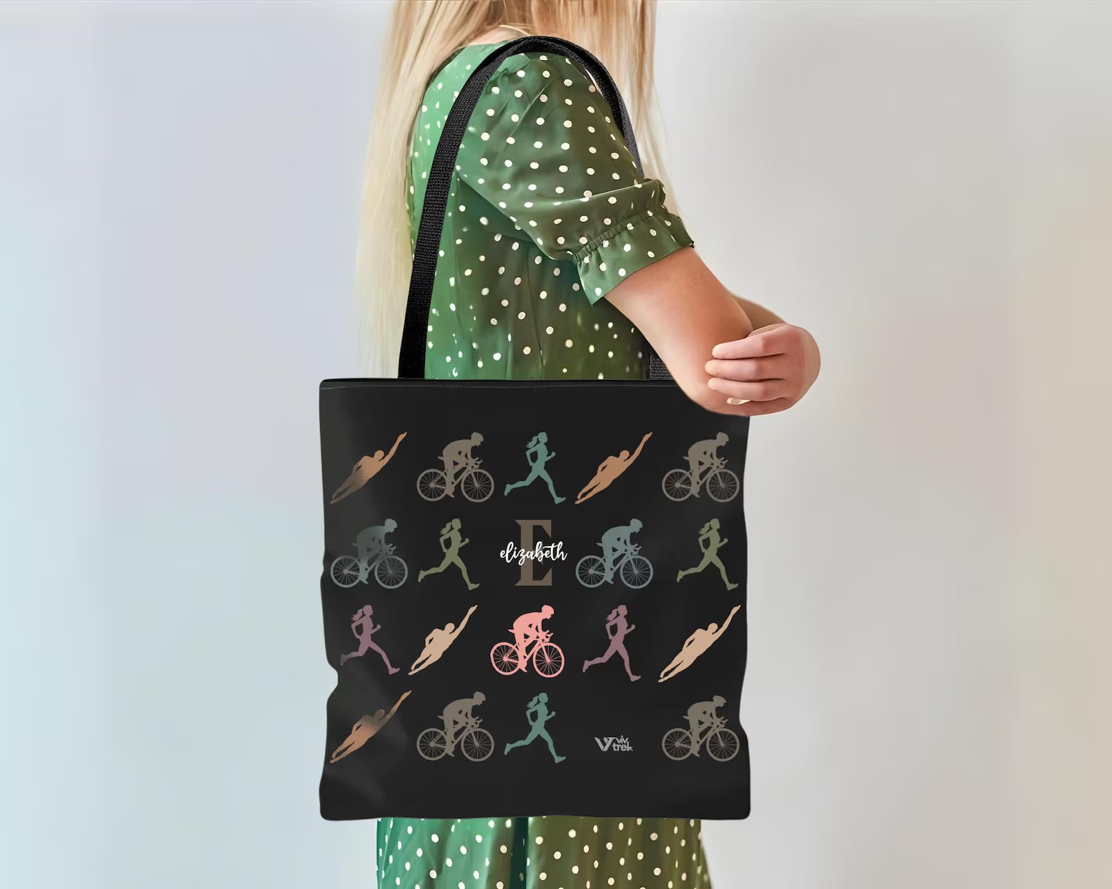 Personalized Triathlon Tote Bag - Custom Name Initial Triathlete Shoulder Bag - Vintage Swim Bike Run Gift for Her & Him - Durable Athlete Gear Bag