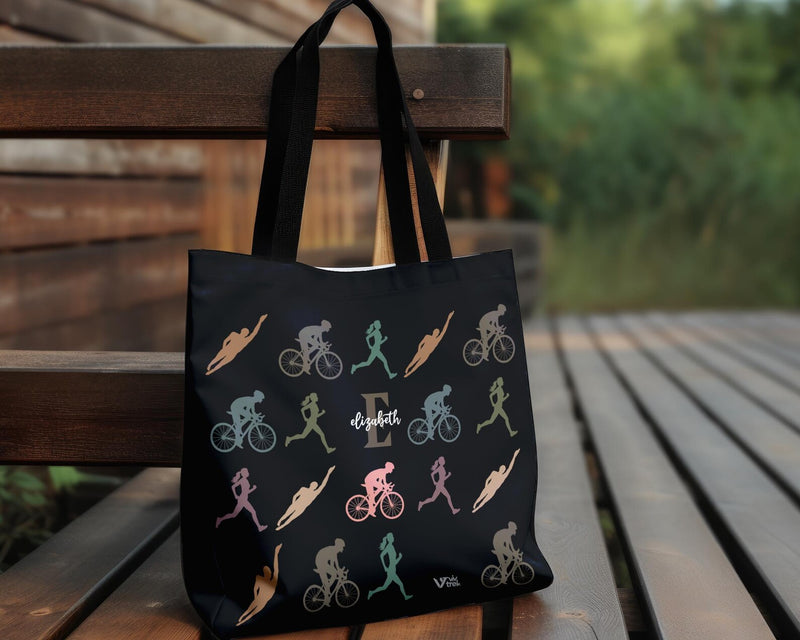 Personalized Triathlon Tote Bag - Custom Name Initial Triathlete Shoulder Bag - Vintage Swim Bike Run Gift for Her & Him - Durable Athlete Gear Bag