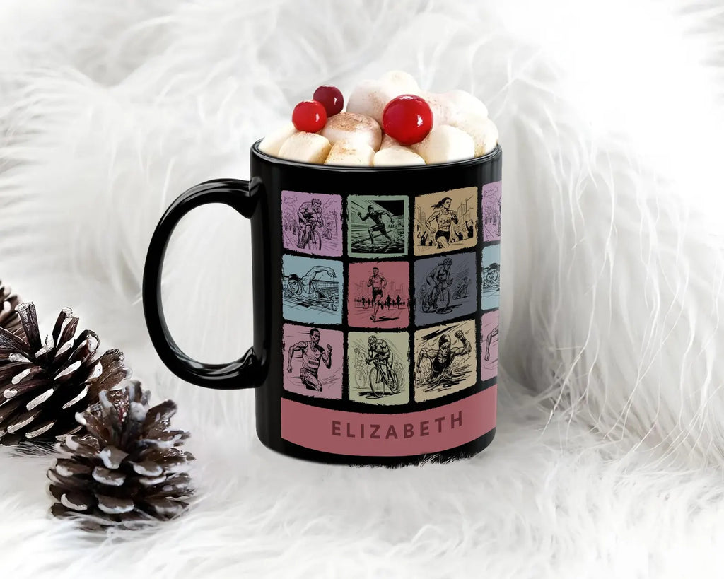 Personalized Triathlon Mug - Custom Name Swim Bike Run Coffee Cup - Unique Endurance Athlete Gift for Triathletes, Ironman Finisher & Marathoners