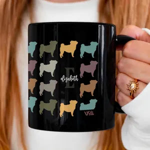 Personalized Pug Dog Mug | Custom Initial Name Gift for Dog Mom Dad | Vintage Retro Coffee Cup Present