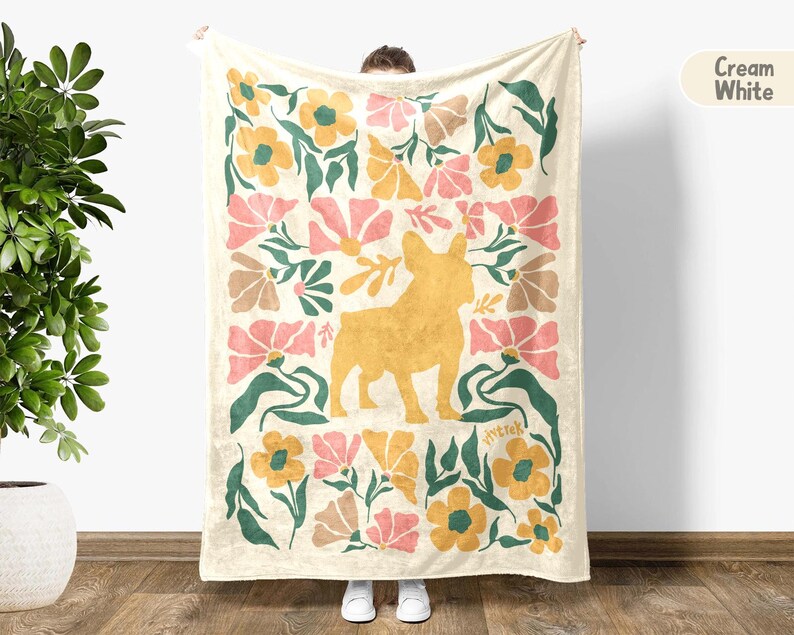 Cute French Bulldog Blanket | Floral Vintage Frenchie Throw | Dog Lover Gift