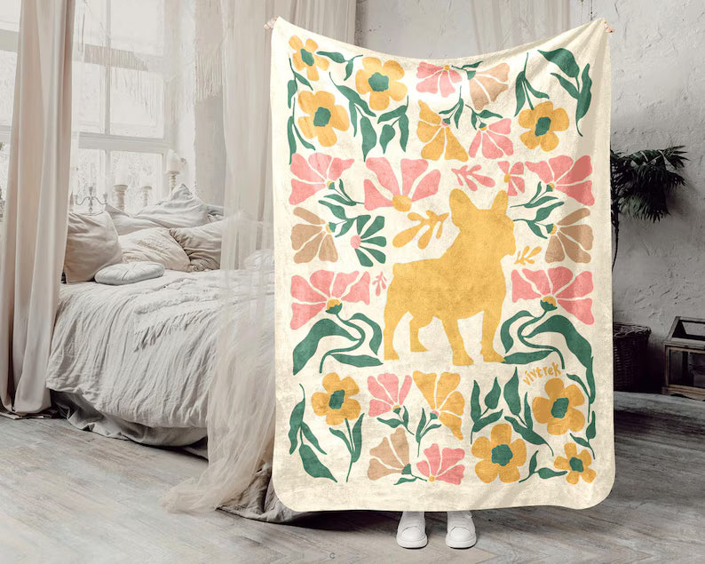Cute French Bulldog Blanket | Floral Vintage Frenchie Throw | Dog Lover Gift