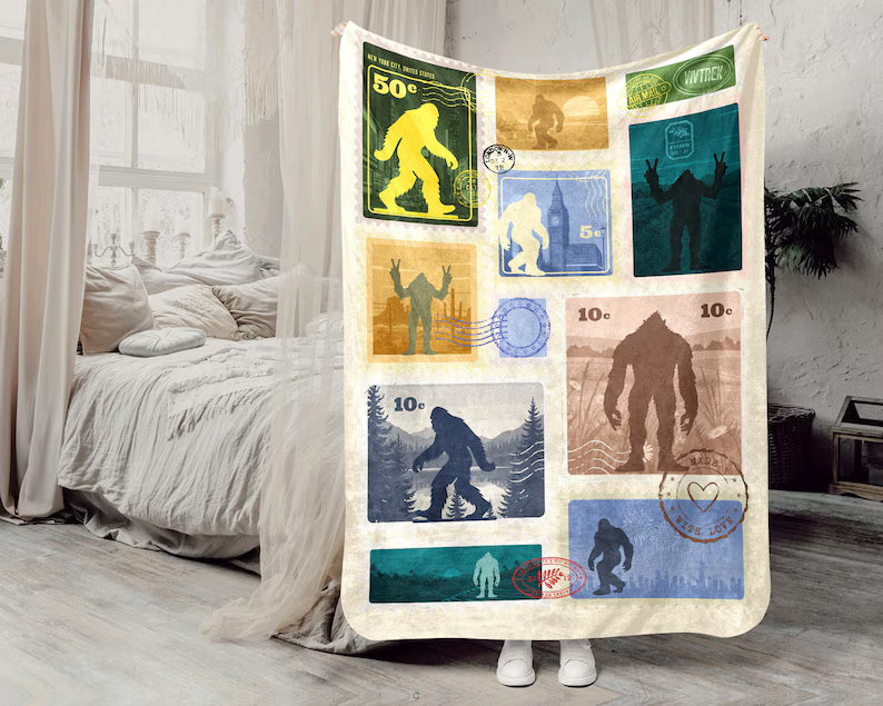 Vintage Bigfoot Gift Blanket, Sasquatch Lover Stamp Throw