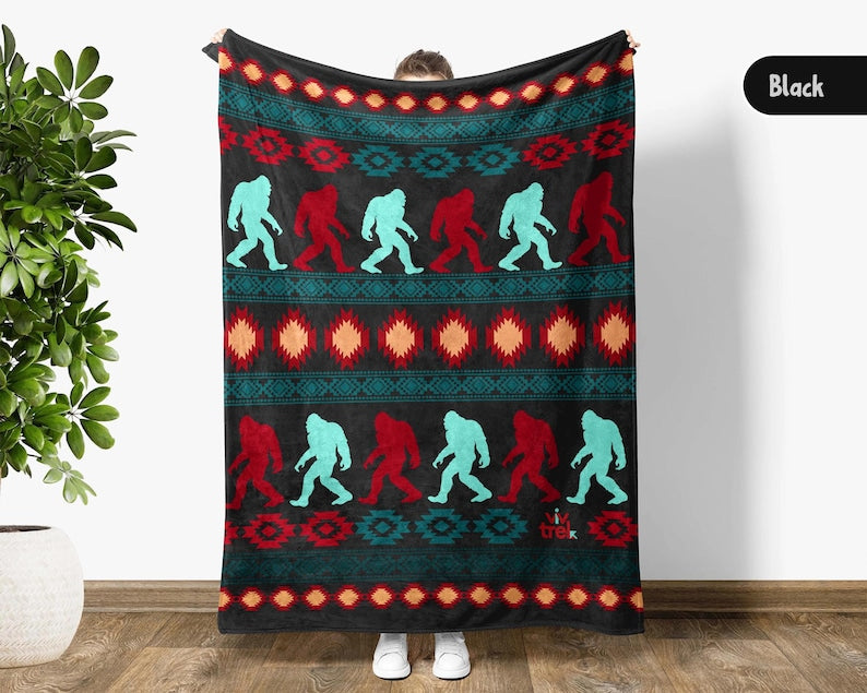 Native Bigfoot Gift Blanket, Sasquatch Lover Native American Art Throw