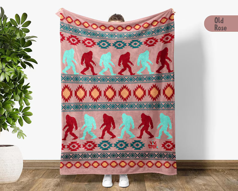 Native Bigfoot Gift Blanket, Sasquatch Lover Native American Art Throw
