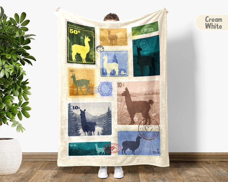 Retro Llama Alpaca Lover Blanket, Cute Animal Stamp Blanket Gift