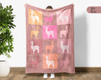 Checkered Llama Lover Blanket, Cute Animal Pastel Block Blanket Gift