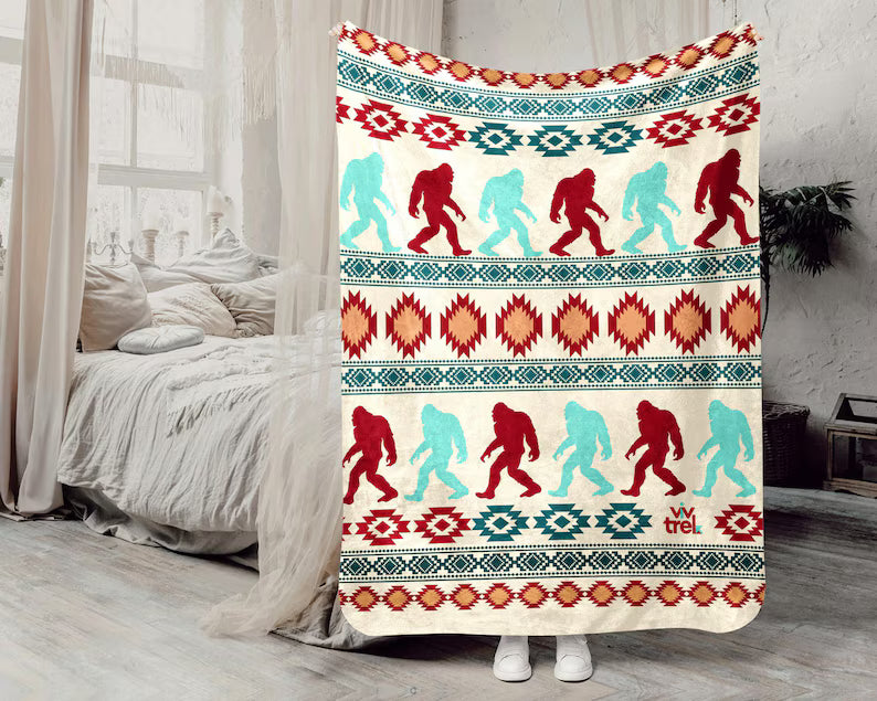 Native Bigfoot Gift Blanket, Sasquatch Lover Native American Art Throw
