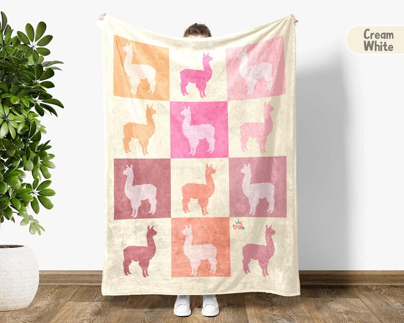 Checkered Llama Lover Blanket, Cute Animal Pastel Block Blanket Gift