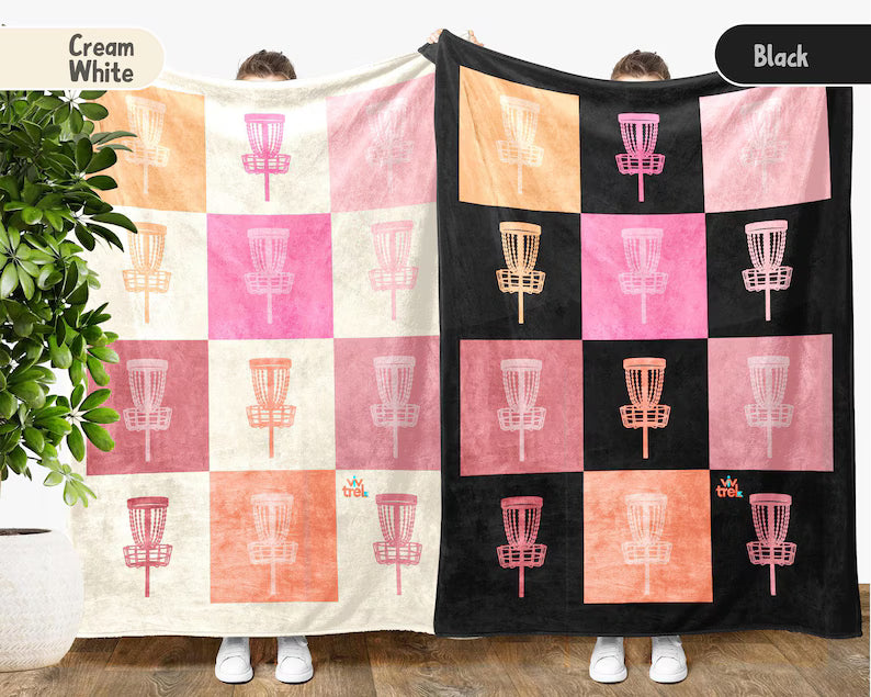 Checkered Disc Golf Lover Blanket Gift, Vintage Disc Golf Pink Throw