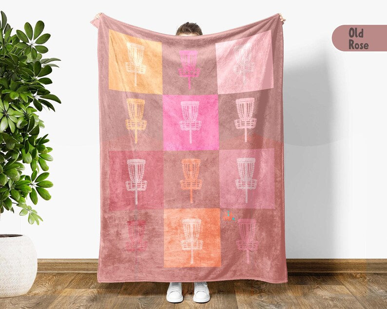 Checkered Disc Golf Lover Blanket Gift, Vintage Disc Golf Pink Throw