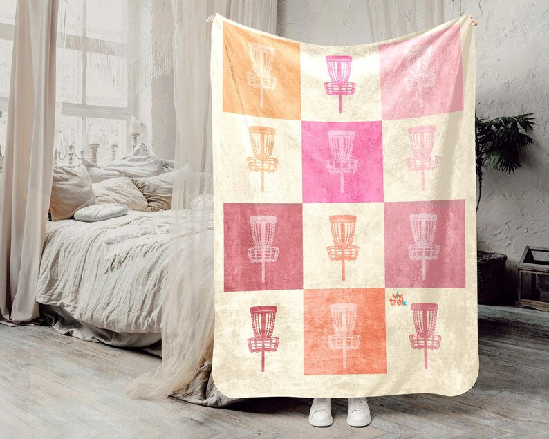 Checkered Disc Golf Lover Blanket Gift, Vintage Disc Golf Pink Throw