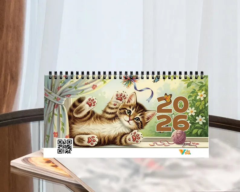 Cute Kitten 2026 Desk Calendar | Vintage Cat Planner Aesthetic Office Gift