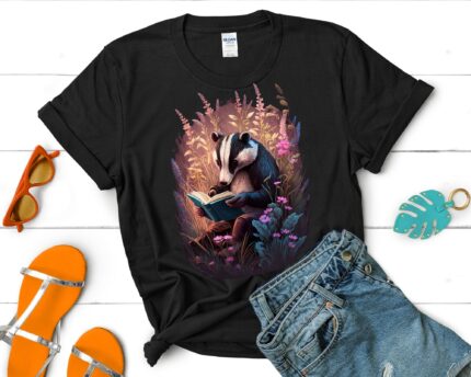 Badger reading a book Tshirt, Fairy Aesthetic shirt, Cottagecore Tshirt, Fairycore Clothing, Badger Lover Gift