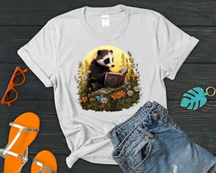 Badger reading a book Cottagecore Tshirt, Fairy Aesthetic shirt, Cottagecore Tshirt, Fairycore Clothing