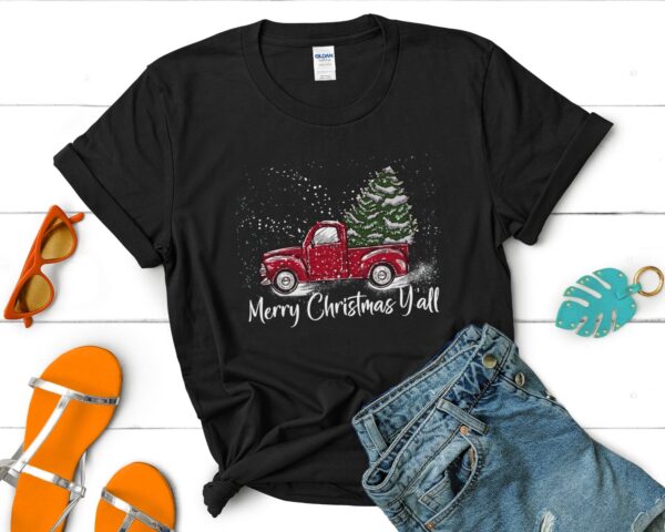 Vintage Red Truck Pick Up Merry Christmas Yall Tree T-Shirt