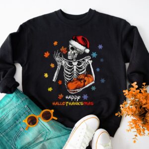 Happy Hallothanksmas Skeleton Turkey Pumpkin Xmas Sweatshirt