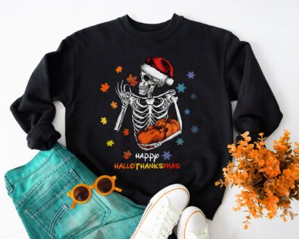 Happy Hallothanksmas Skeleton Turkey Pumpkin Xmas Sweatshirt