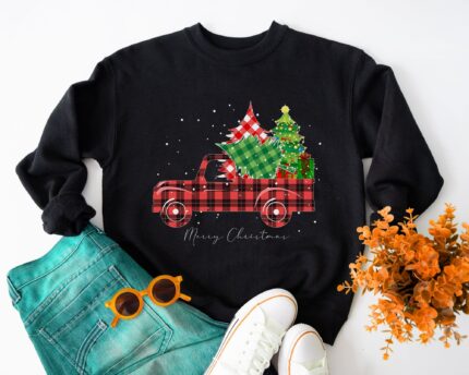 Merry Christmas Santa Claus Vintage Red Truck Sweatshirt