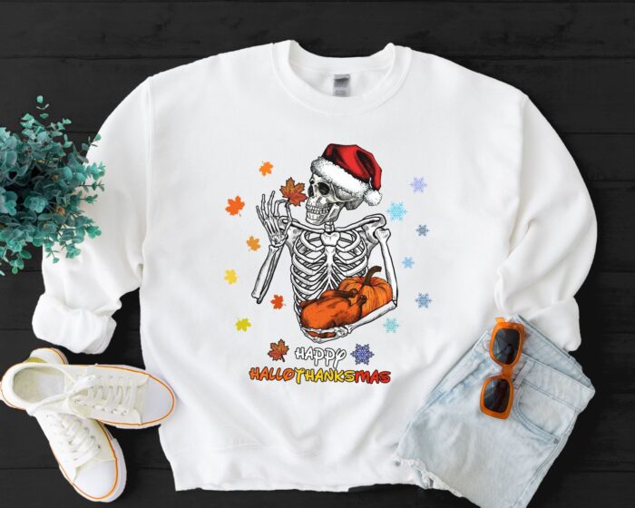 Happy Hallothanksmas Skeleton Turkey Pumpkin Xmas Sweatshirt