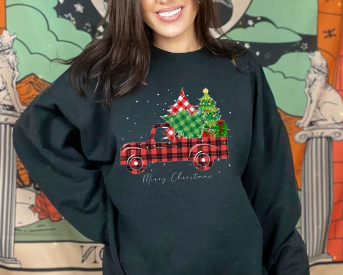 Merry Christmas Santa Claus Vintage Red Truck Sweatshirt