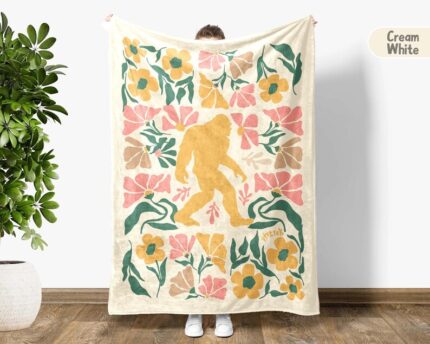 Cozy Floral Bigfoot Throw Blanket, Funny Sasquatch Lover Gift, Forest Creature Blanket, Unique Cryptid Throw, Bigfoot Graphic Blanket